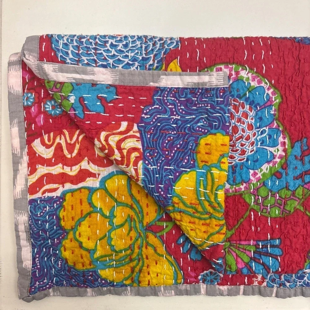 Handmade Lined Kantha Table Runner Floral Cotton Quilted Boho Hippie 13x84 India